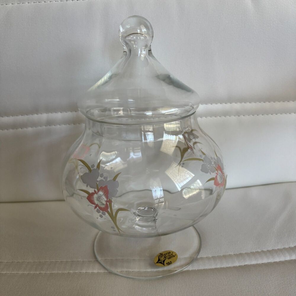 Vintage European Collection Glass Apothecary Jar Floral Lidded Pedestal 9"